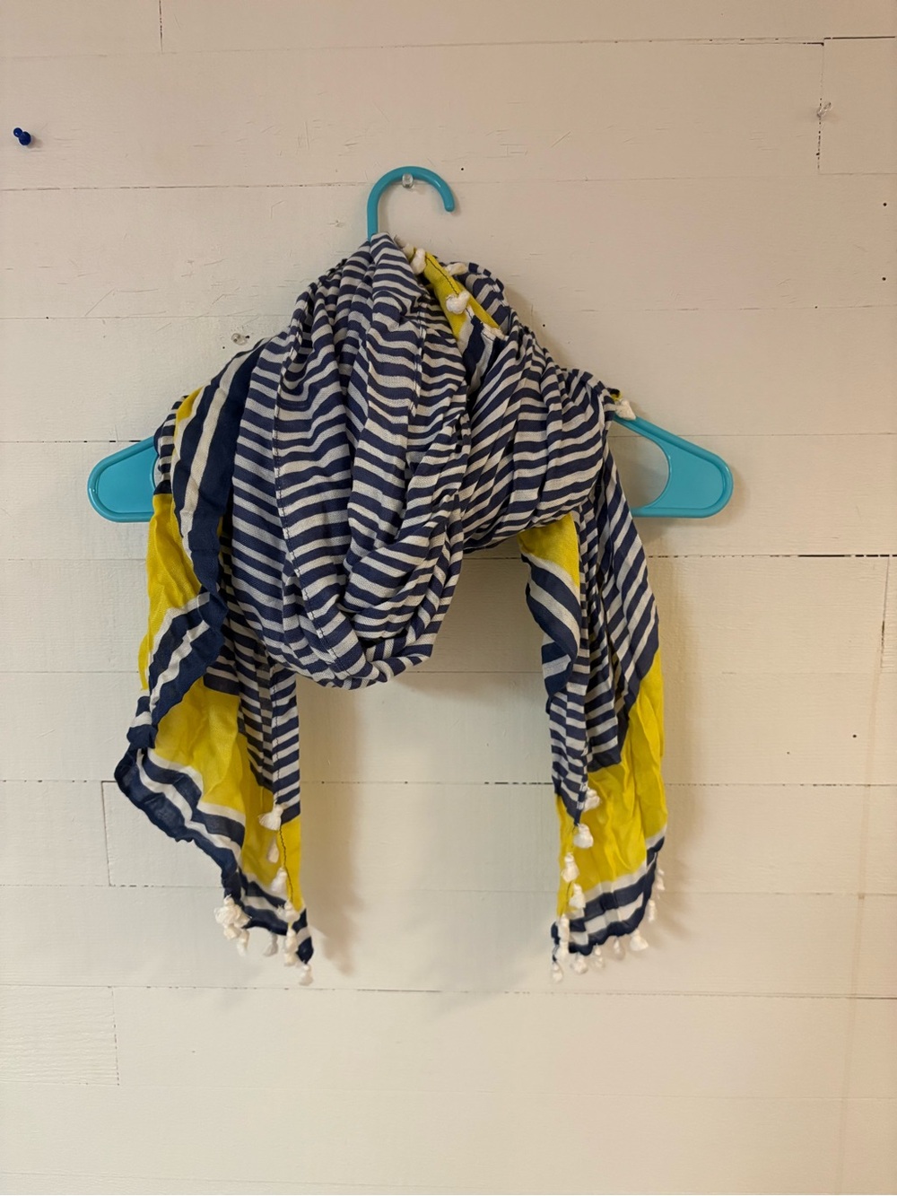 Navy White Striped Yellow Border Lightweight Scarf Tassel Fringe